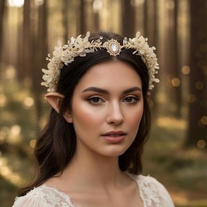 Cream Elven Tiara, Elven Crown with Crystals, Woodland Tiara, Fairy Cream Crown, Elf Headpiece, Wedding Tiara, White Diadem, Flower Girl Halo