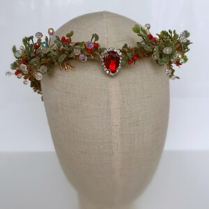 Elfenkrone, Weihnachtsfeen-Tiara, Elfenreif mit rotem Diamanten und Kristallen, Waldkrone, Elfenkopfschmuck, Festliche Krone Mittelalter Tiara