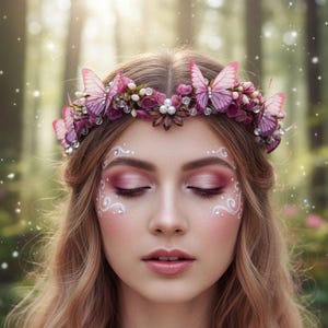 Elven Butterfly Crown, Pink Fairy Tiara, Elven Circlet with Diamonds, Woodland Crown, Sparkly Elf Headpiece, Cottagecore Crown