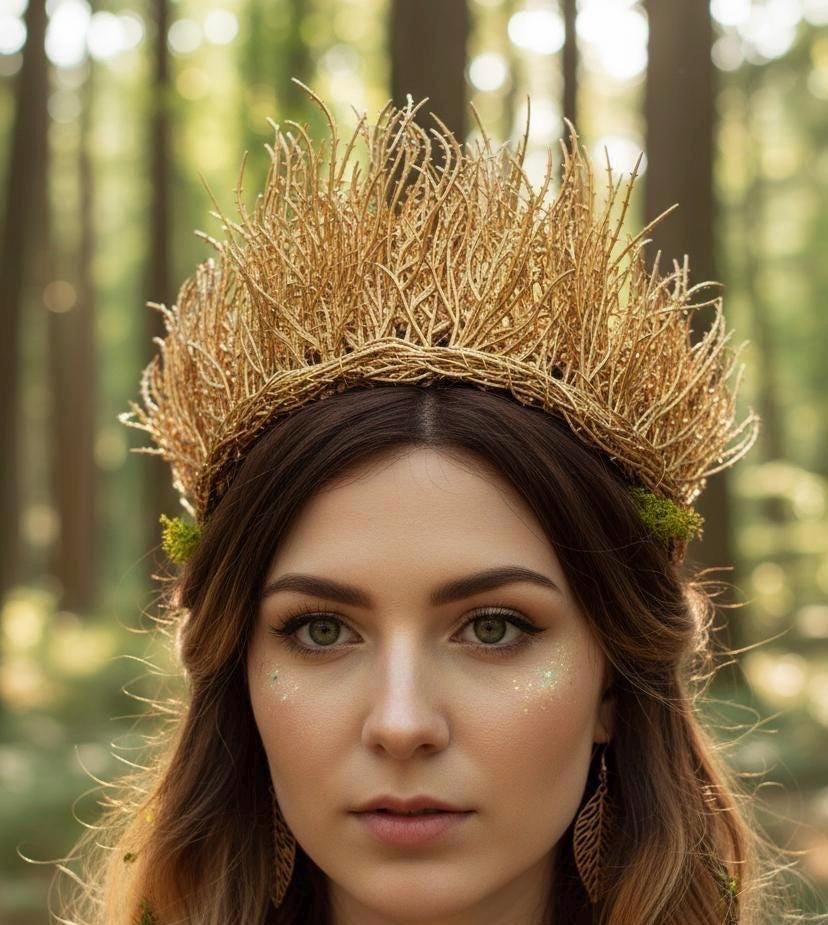 Handmade Golden King Crown with Branches Greek Leaf Headband Celtic Elf Tiara MOSTORY Handmade Golden King Crown with Branches Gold Twigs  main image 3