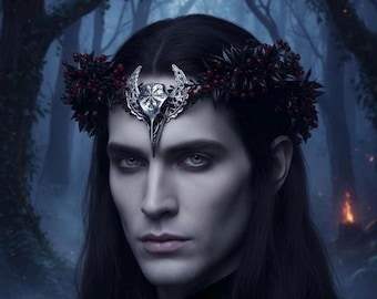 Black Elven Crown, Black Gothic Tiara, Raven Skull Crown, Witch Headpiece, Dark Elven Moon Crown, Black Elf Headpiece, Dark Witchy Crown