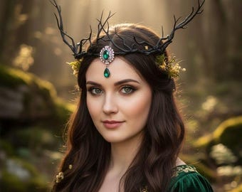 May include: A woman wearing a dark green velvet dress and a black antler crown with a green jewel. Her long, wavy brown hair is adorned with small flowers. The background is a blurred forest scene with sunlight.