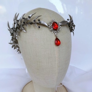 Silberne und rote Elfenkrone, Feen-Tiara mit rotem Kristall, silberner Elfenreif, Waldkrone, Elfenkopfschmuck, Hexenkrone, Elfendiadem