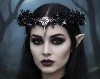 Black Elven Crown, Black Gothic Tiara, Raven Skull Crown, Witch Headpiece, Dark Elven Woodland Crown, Black Elf Headpiece, Dark Witchy Crown