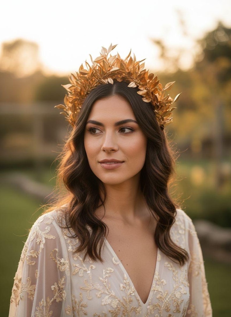 May include: A woman wearing a gold-colored leaf crown. The crown is made of multiple leaves and sits atop dark brown wavy hair. She is wearing a cream-colored dress with floral embroidery. The background is blurred with natural light.