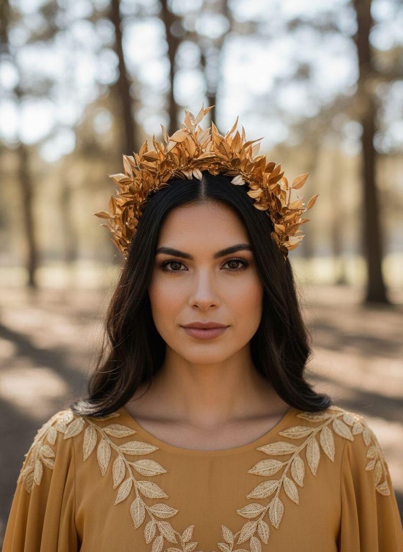 May include: A woman wearing a gold-colored leaf crown and a mustard-colored dress with leaf embroidery. The crown is made of multiple gold leaves. The background is a blurred view of trees.