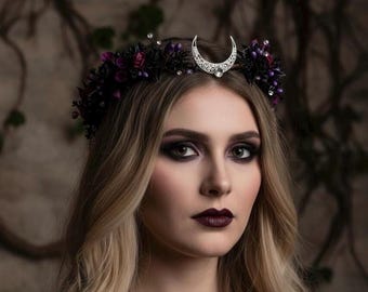 Burgundy and Black Gothic Flower Crown, Dark Goth Tiara, Black Moon Headpiece, Black Witch Crown, Dark Elven Crown, Dark Elf Headpiece