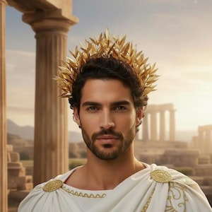 May include: A person wearing a gold laurel wreath and a white toga with gold accents. The person has dark hair and a beard. The background features ancient columns and ruins, evoking a classical theme.