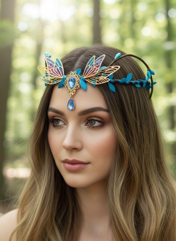 Blue Butterfly Elven Tiara, Fantasy Crown With Wings  display picture 2