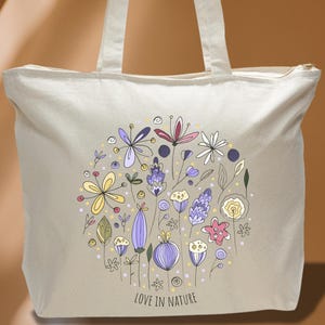 Colorful Floral Tote Bag – Love in Nature Design – Hand-Drawn Circle Flowers Canvas Bag – Tote bag Gift for Nature Lovers b19