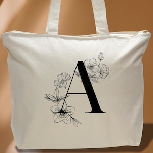 Custom Floral Initial Tote Bag – Personalized Monogram Canvas Bag – Minimal Letter Tote – A–Z Gift for Her – Botanical Shopper b22