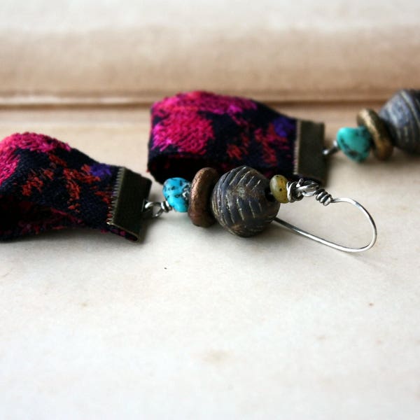 Black Star Fiber Art Earrings w/ Bedouin Embroidery, & Artisan Beads on Handformed Sterling Silver, Falling 3.5 Inches from Top of Earwire