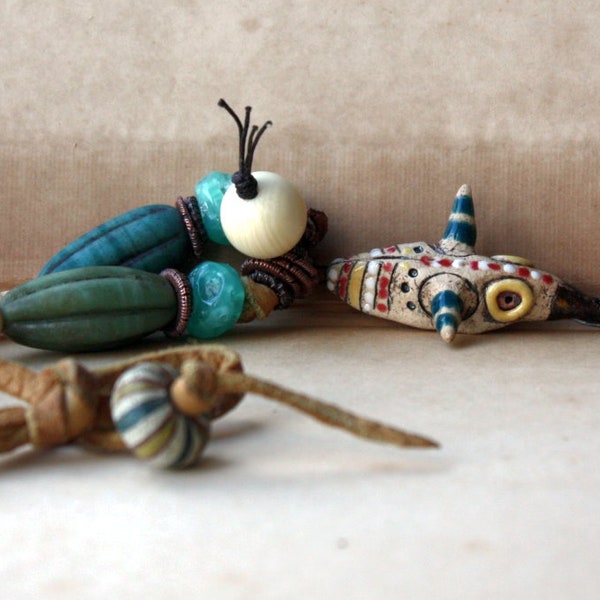 RESERVED For Isabel Life on Earth, Artisan Ceramic, Porcelain, Lampwork, Bone, and Buckskin Story Necklace Collier
