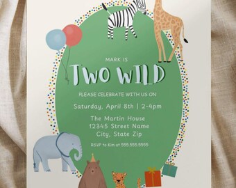 May include: A green and white birthday invitation with colorful confetti around the border. The invitation says "Mark is Two Wild" and includes details for a party with a jungle animal theme.