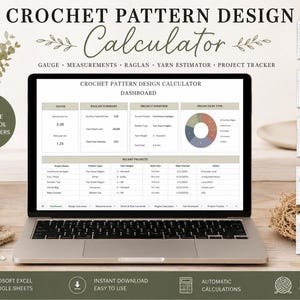 May include: A digital crochet pattern design calculator displayed on a laptop screen, featuring a dashboard with gauge, raglan, and project tracking tools. The interface includes tables for project names, yarn weight, hook size, and dates.