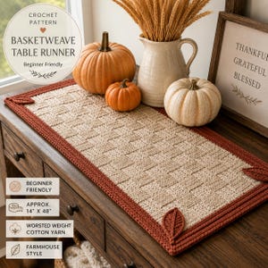 Caminho de mesa em crochê com padrão de cestaria em PDF | Caminho de mesa estilo fazenda para iniciantes | Decoração de mesa de outono | Crochê para o Dia de Ação de Graças