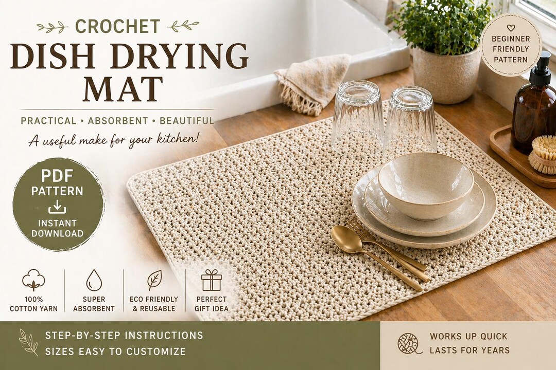Drying Patterns Crochet Dish Drying Mat Pattern, Farmhouse Kitchen Tutorial (PDF ...