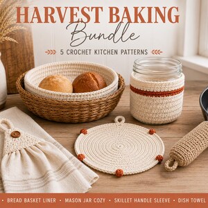 May include: A crochet kitchen bundle featuring a round basket with a liner, a mason jar cozy with a rust-colored stripe, a circular trivet with rust-colored accents, a skillet handle sleeve, and a hanging dish towel topper with a wooden button.