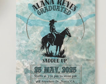 Turquoise Cowgirl Graduation Invitation, Western Rodeo Invite (Digital Download)