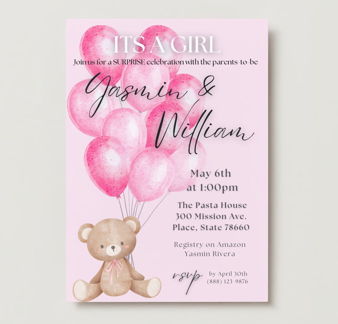 Editable Girl Baby Shower Pink Balloons and Bear - Etsy