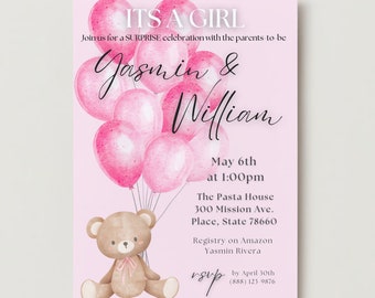 Editable Girl Baby Shower Pink Balloons and Bear
