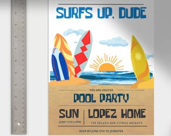 Editable Surfboard Beach Party Invitation (8.5x11 inches)