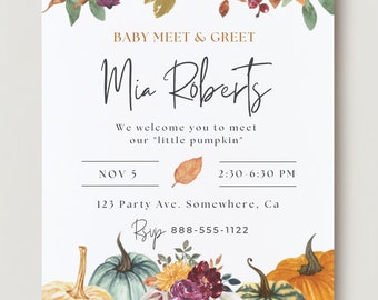 Pumpkin Floral Baby Shower Invitation, Fall Meet & Greet (Digital DIY)