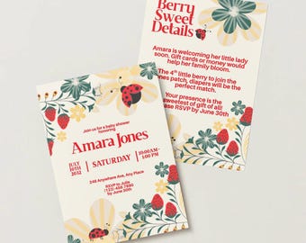 EDITABLE Yellow Strawberry Lady Bug Baby Shower Invitation