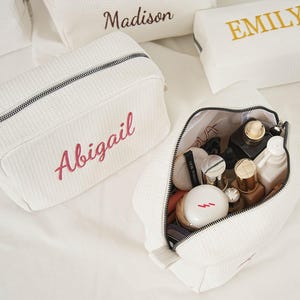 Personalized Embroider Cosmetic Bag | Personalized Waffle Makeup Bag - Custom Bridal Party | Embroidered Toiletry Bag | Bridesmaid gifts