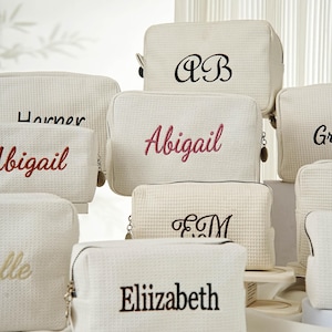 Personalized Embroidered Makeup Bag – Custom Waffle Cosmetic Bag, Bridesmaid Gift, Travel Toiletry Bag, Monogram Bag for Bridal Party