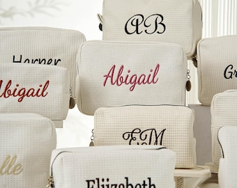 Personalized Embroidered Makeup Bag – Custom Waffle Cosmetic Bag, Bridesmaid Gift, Travel Toiletry Bag, Monogram Bag for Bridal Party