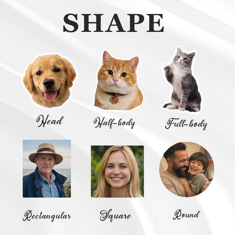 Puede incluir: Imagen con la palabra "SHAPE" en la parte superior. Debajo, ejemplos de formas: una cabeza de Golden Retriever, un gato naranja a medio cuerpo, un gato gris de cuerpo entero, una foto rectangular de un hombre, una foto cuadrada de una mujer y una foto redonda de padre e hijo.