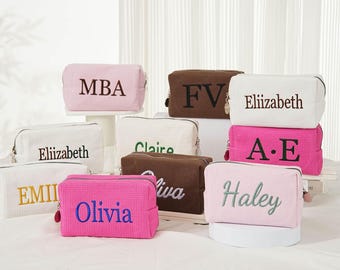 Embroidered Makeup bag, Personalized Waffle Travel Cosmetic Bag- Custom Bridal Party, Embroidered Toiletry Bag, Bridesmaid Makeup Bag
