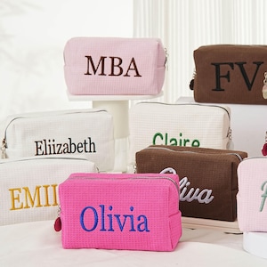 Embroidered Makeup bag, Personalized Waffle Travel Cosmetic Bag- Custom Monogram Makeup Bag, Custom Gift Toiletry Bag,Bridesmaid Makeup Bag