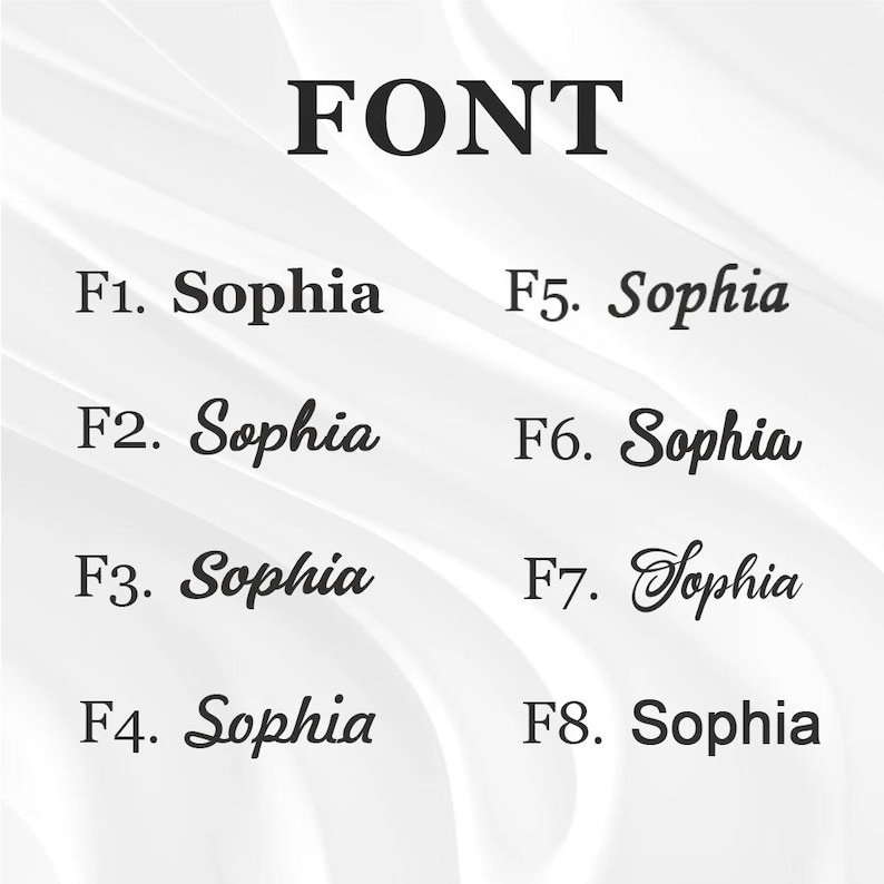 Puede incluir: Imagen que muestra ocho estilos de fuente diferentes, cada uno mostrando el nombre "Sophia". La palabra "FONT" est&aacute; en la parte superior. Las fuentes var&iacute;an en estilo, desde cl&aacute;sico hasta m&aacute;s decorativo, ofreciendo una gama de opciones de dise&ntilde;o.