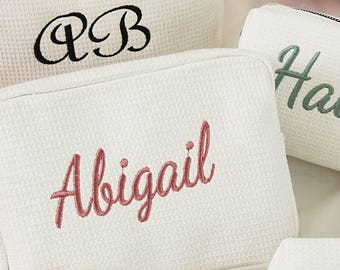 Embroidered Waffle Weave Makeup Bag, Personalized Bridesmaid Gift