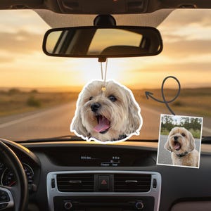 May include: A car hanging ornament featuring a light brown dog with its mouth open, tongue visible. The ornament is hanging from a car's rearview mirror. A smaller image of the dog is also present. The background shows a road and sunset.