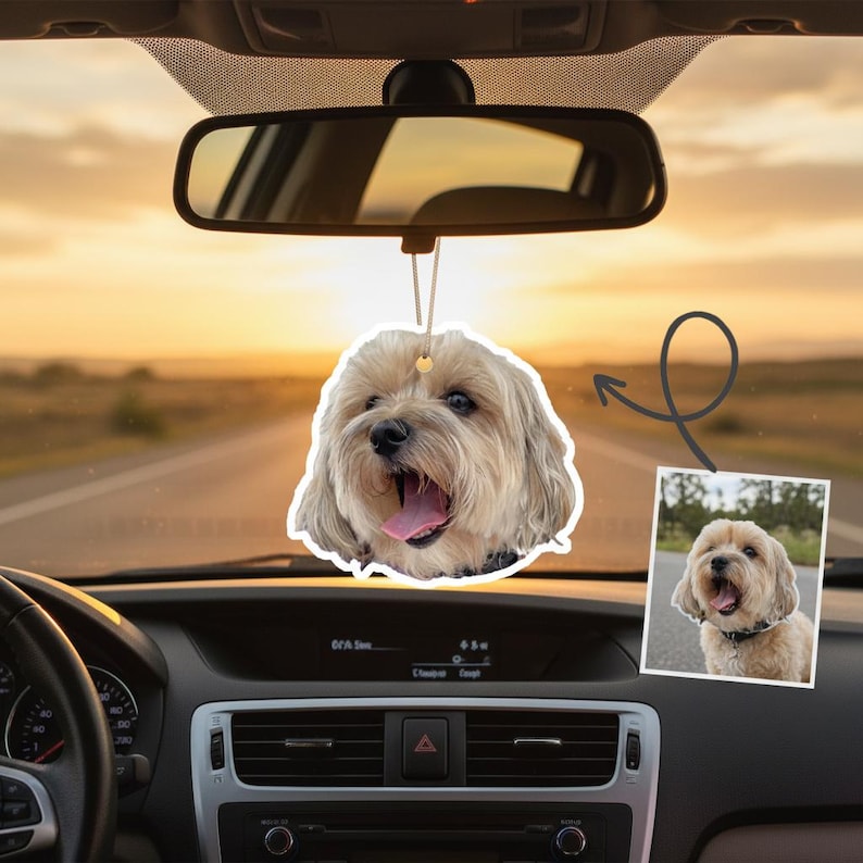 Puede incluir: Un adorno colgante para coche con un perro marr&oacute;n claro con la boca abierta y la lengua visible. El adorno cuelga del espejo retrovisor de un coche. Tambi&eacute;n hay una imagen m&aacute;s peque&ntilde;a del perro. El fondo muestra una carretera y una puesta de sol.