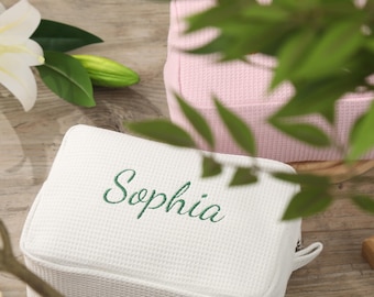 Makeup bag，Personalized Waffle Travel Cosmetic Bag - Custom Monogram Makeup Bag, Embroidered Toiletry Bag, Bridesmaid Gifts, Party Gift
