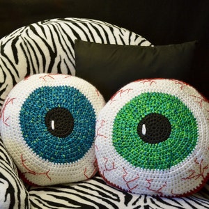 Crochet Pattern, Bloodshot Eyeball Pillow Creepy and fun decorating for Halloween or Children Tweens Teens Rooms INSTANT PDF DOWNLOAD image 1