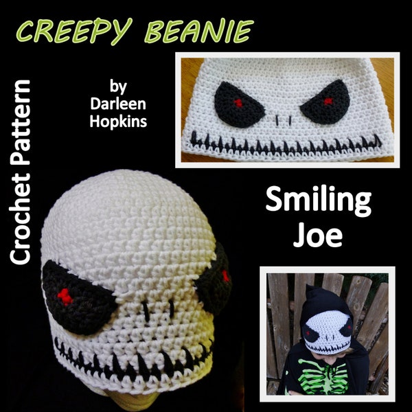 Skull Crochet Pattern Smiling Joe, Creepy Beanie Hat for children, Tweens and Teens INSTANT pdf DOWNLOAD BONUS Crazy Frog Hat pattern