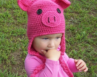 Crochet Pig Hat Pattern Oink Adorable Earflap Hat available in 5 sizes, baby to adult INSTANT pdf DOWNLOAD BONUS Frog Hat Pattern