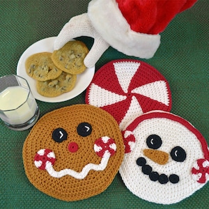 Crochet Pattern, Christmas Hot Pad set, Peppermint Pals - Snowman, Gingerbread Man and Candy, Winter Holiday Trivet INSTANT PDF DOWNLOAD