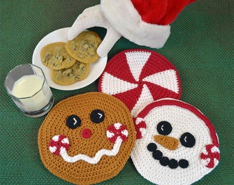 Crochet Pattern, Christmas Hot Pad set, Peppermint Pals - Snowman, Gingerbread Man and Candy, Winter Holiday Trivet INSTANT PDF DOWNLOAD