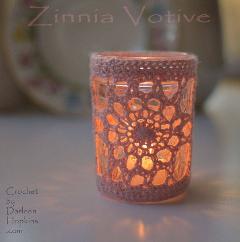 Crochet pattern Zinnia Votive crochet pattern lace motif gift candle cozy crochet lace INSTANT PDF DOWNLOAD jelly jar craft thread knit image 1