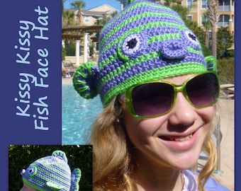 Fish Hat Crochet Pattern Kissy Fish Face pour garçon, fille tween, adolescent, enfant en bas âge modèle de chapeau au crochet INSTANT pdf DOWLOAD BONUS Crazy Frog Hat