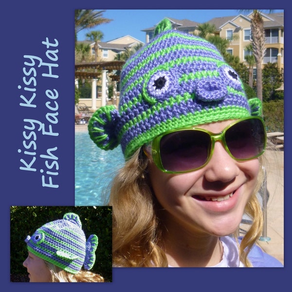 Fish Hat Crochet Pattern Kissy Fish Face for boy, girl tween, teen, toddler crochet hat pattern  INSTANT pdf DOWLOAD BONUS Crazy Frog Hat