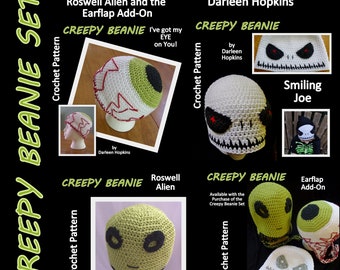 Creepy Beanie Crochet Pattern Set with Earflap Option, Alien, Eyeball, Skull INSTANT pdf DOWNLOAD with BONUS Frog Hat Pattern