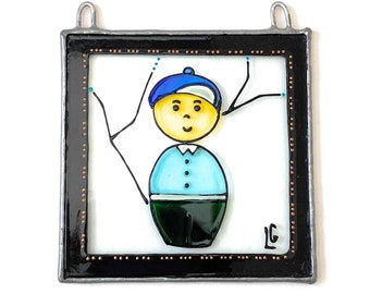 JAPANESE DOLL [boy] - painted on glass, japanese suncatcher doll eiyh individual story, window or wall decoration, gift, made in England