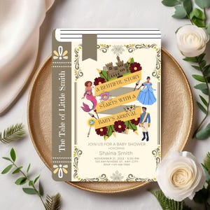 Un nouveau chapitre va bientôt commencer Livre de baby shower, livre de personnages, décoration de baby shower, modèle de carte d'invitation modifiable sur le thème des livres pour baby shower